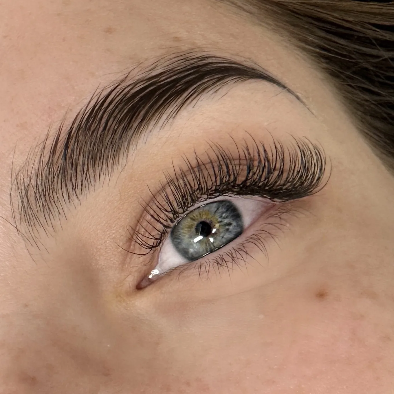 Open blue-green eye with long curled lash extensions and a feathered arching brow