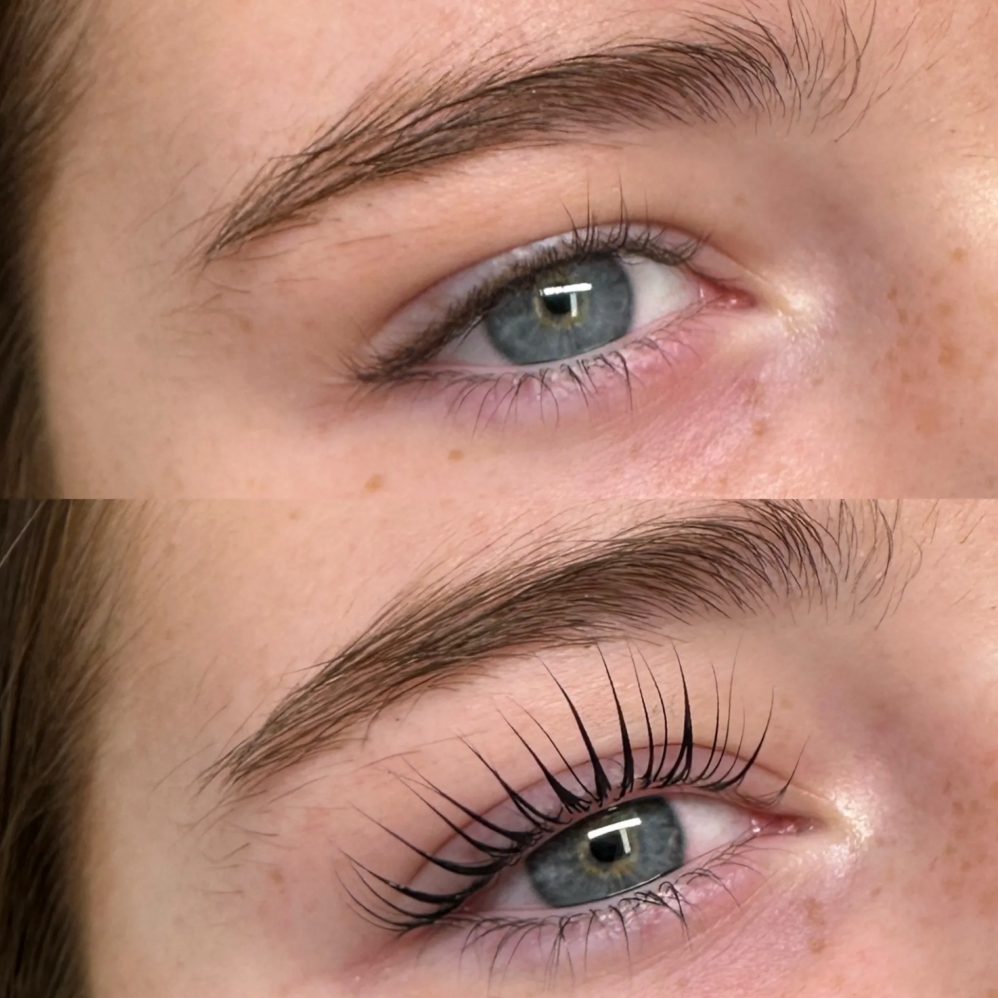 Before and after: the same freckled eye untreated above, then with laminated brow and lifted darkened lashes below